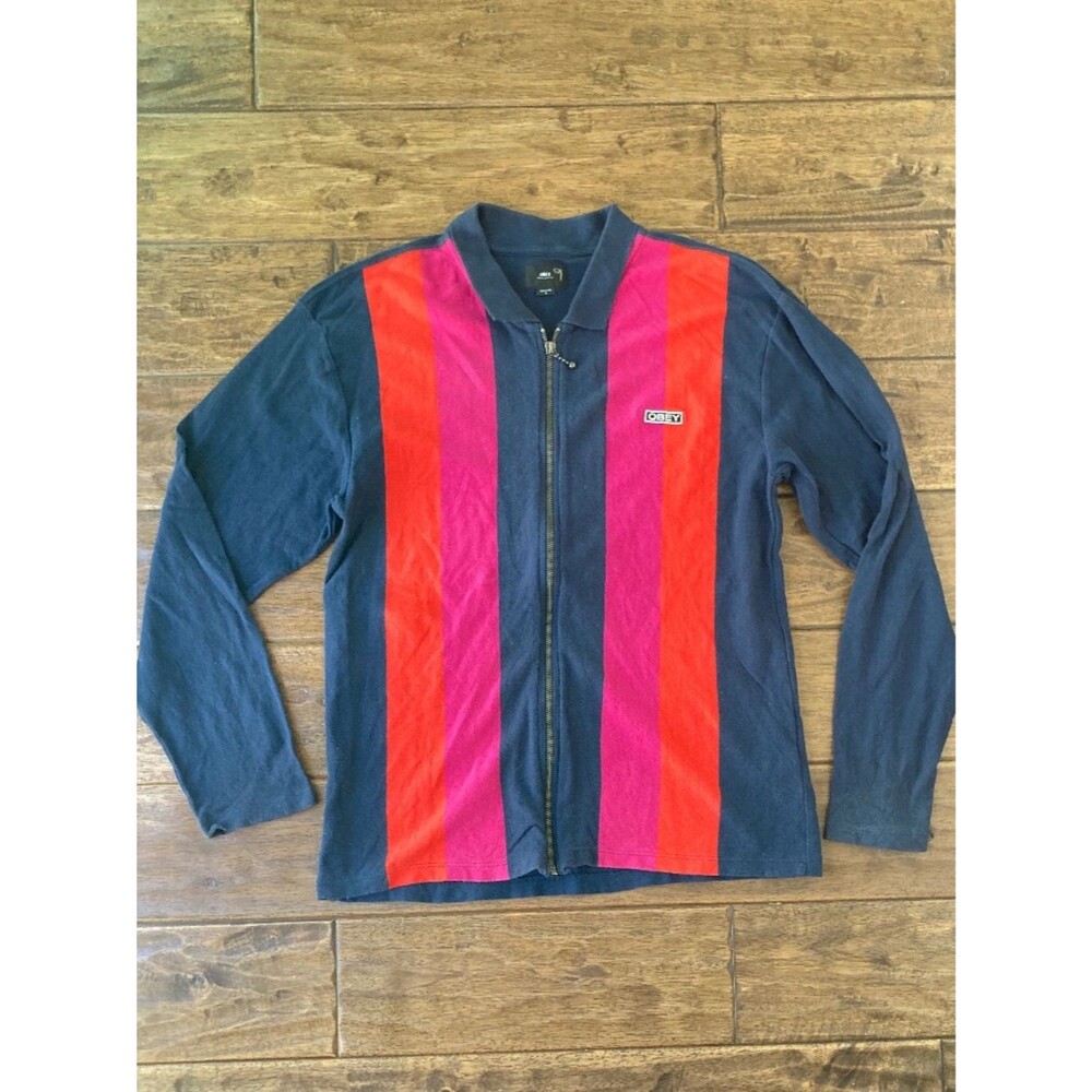 Obey Men's Polo Striped Sweater Long Sleeve Size Small Skater Streetwear
